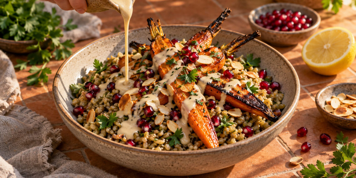 Roasted Carrot and Freekeh Bowl with Lemon-Tahini Drizzle