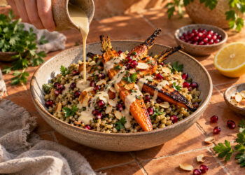 Roasted Carrot and Freekeh Bowl with Lemon-Tahini Drizzle
