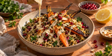 Roasted Carrot and Freekeh Bowl with Lemon-Tahini Drizzle
