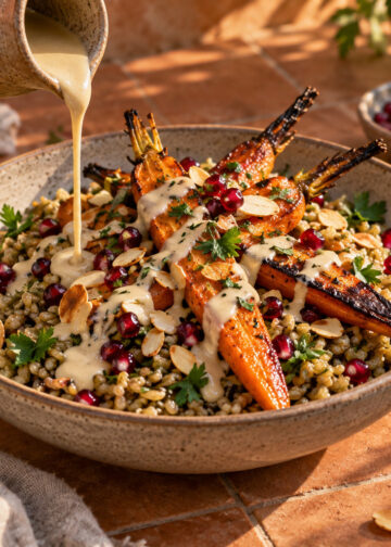 Roasted Carrot and Freekeh Bowl with Lemon-Tahini Drizzle