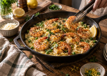Garlic Lemon Butter Shrimp with Herbed Orzo and Peas