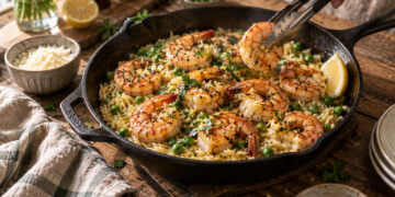 Garlic Lemon Butter Shrimp with Herbed Orzo and Peas