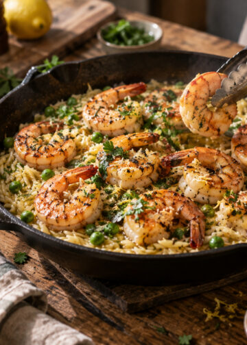Garlic Lemon Butter Shrimp with Herbed Orzo and Peas