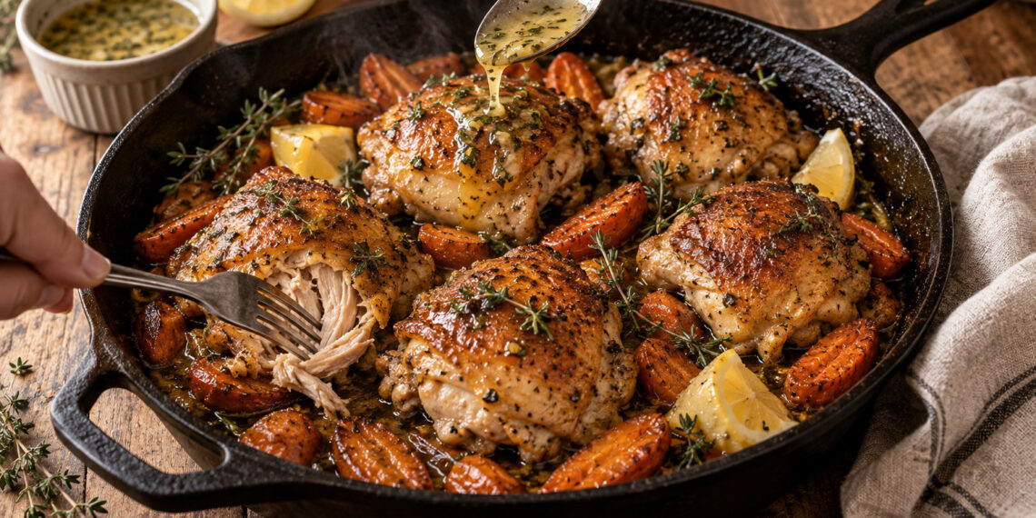 Skillet Lemon Thyme Chicken with Honeyed Roasted Carrots