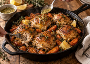Skillet Lemon Thyme Chicken with Honeyed Roasted Carrots