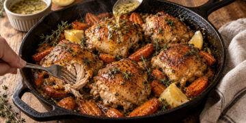 Skillet Lemon Thyme Chicken with Honeyed Roasted Carrots