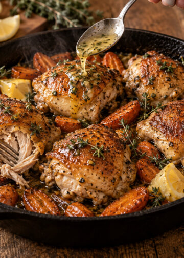 Skillet Lemon Thyme Chicken with Honeyed Roasted Carrots