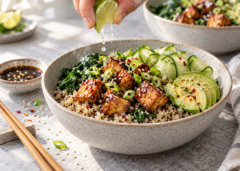 Breakfast Grain Bowl with Sesame-Soy Tofu and Greens