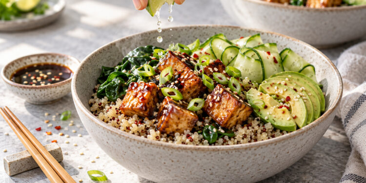 Breakfast Grain Bowl with Sesame-Soy Tofu and Greens