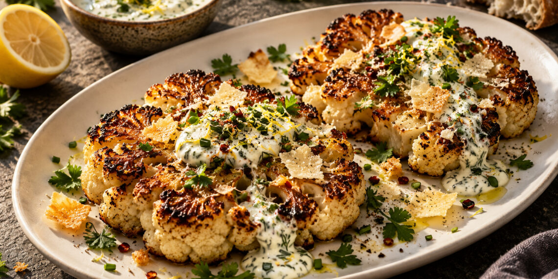 Garlic Parmesan Roasted Cauliflower Steaks with Herb Yogurt