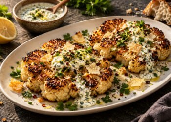 Garlic Parmesan Roasted Cauliflower Steaks with Herb Yogurt