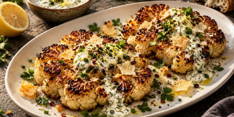Garlic Parmesan Roasted Cauliflower Steaks with Herb Yogurt