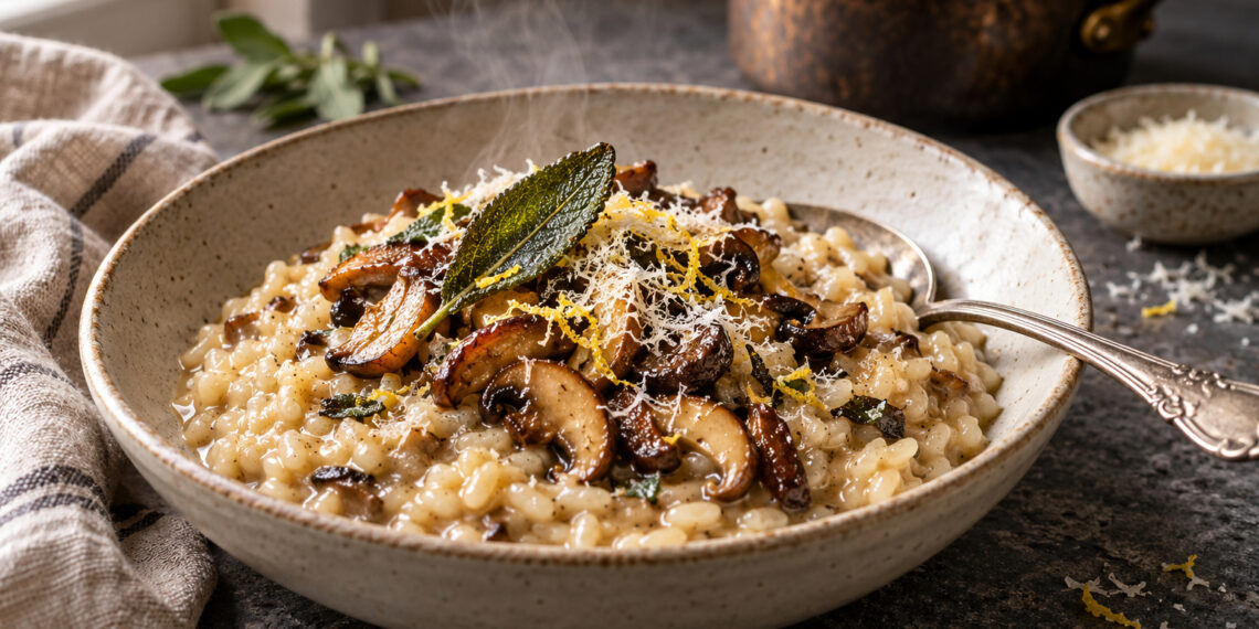 Weeknight Creamy Mushroom Risotto with Crispy Sage
