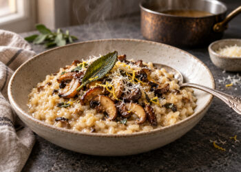 Weeknight Creamy Mushroom Risotto with Crispy Sage