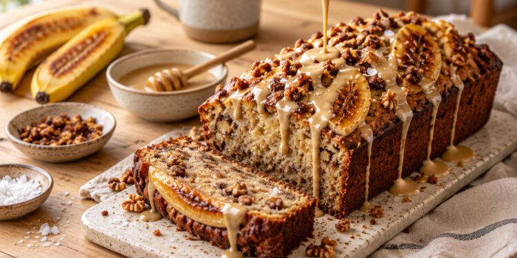 Brown Butter Banana Cake with Tahini Honey Glaze