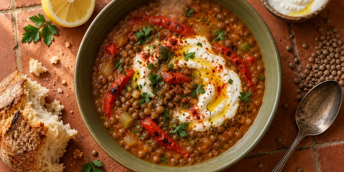 Smoky Pepper, Brown Lentil, and Lemon Soup