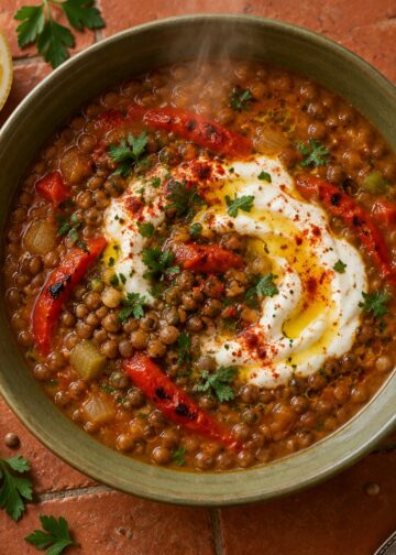 Smoky Pepper, Brown Lentil, and Lemon Soup