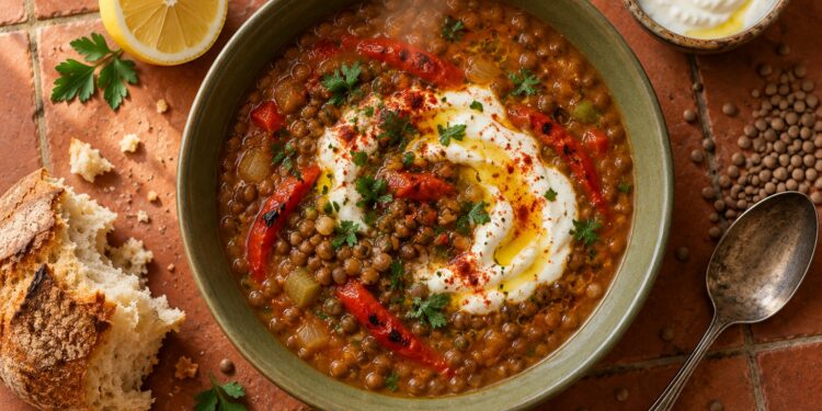 Smoky Pepper, Brown Lentil, and Lemon Soup