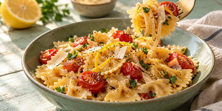 Garlic Lemon Butter Farfalle with Cherry Tomatoes