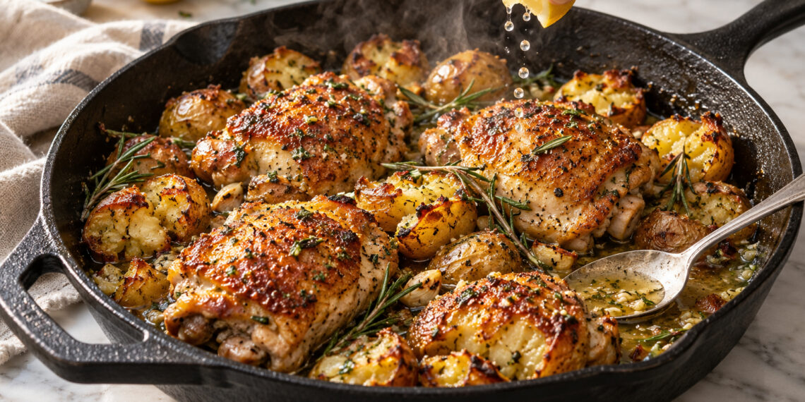 Skillet Lemon-Rosemary Chicken with Smashed New Potatoes