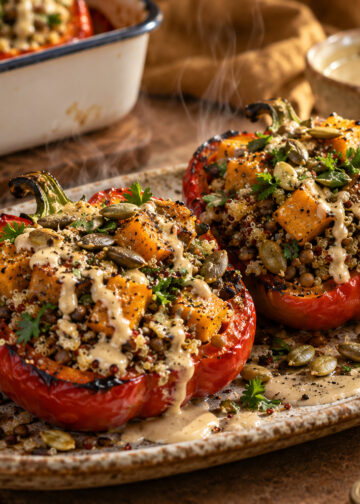 Spiced Pumpkin and Lentil Stuffed Peppers with Tahini Drizzle