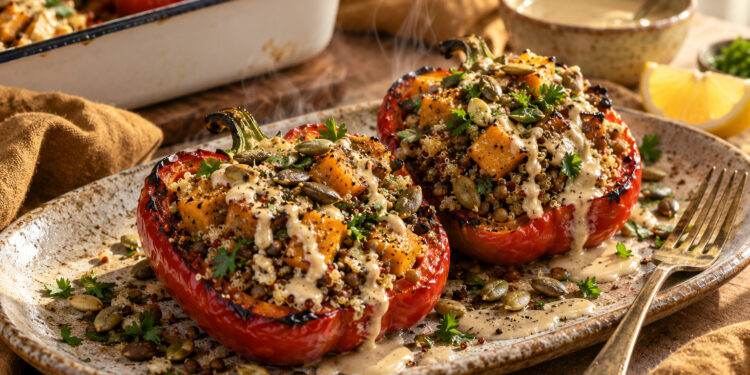 Spiced Pumpkin and Lentil Stuffed Peppers with Tahini Drizzle