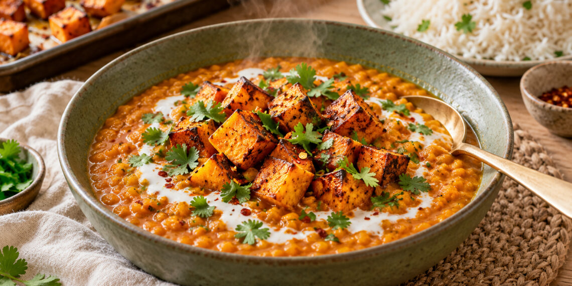Coconut Red Lentil Dahl with Turmeric-Roasted Sweet Potato