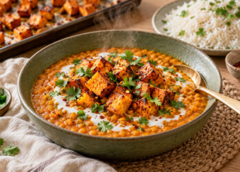 Coconut Red Lentil Dahl with Turmeric-Roasted Sweet Potato