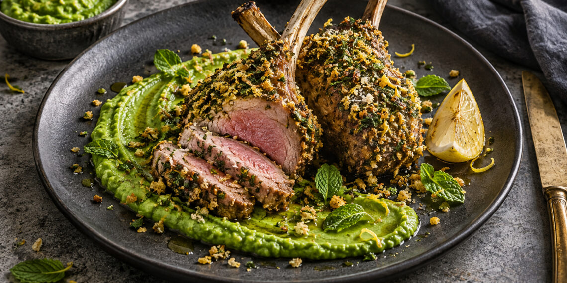 Seared Herb-Crusted Lamb Chops with Minted Pea Purée