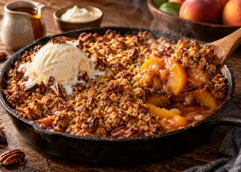 Maple Pecan Skillet Peach Cobbler with Ginger Crumble
