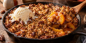 Maple Pecan Skillet Peach Cobbler with Ginger Crumble