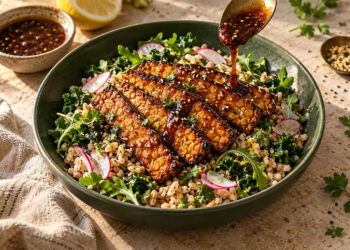 Maple-Miso Tempeh with Lemon Herbed Farro and Greens