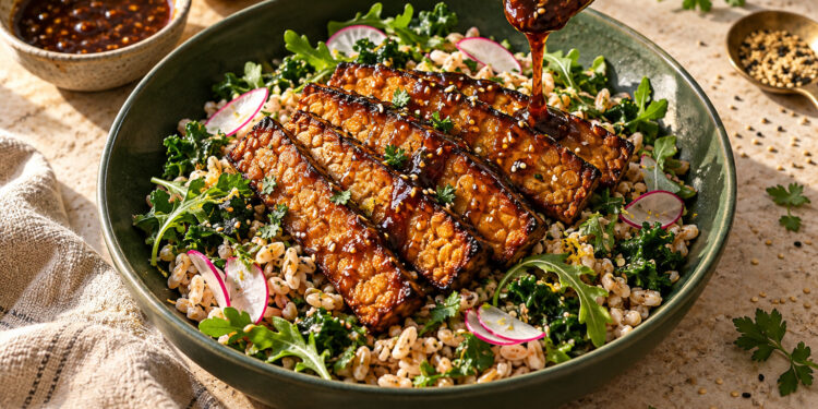 Maple-Miso Tempeh with Lemon Herbed Farro and Greens