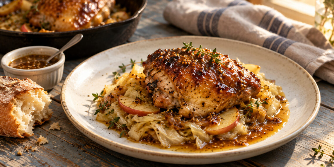 Roasted Mustard Chicken with Apple-Miso Glaze and Cabbage